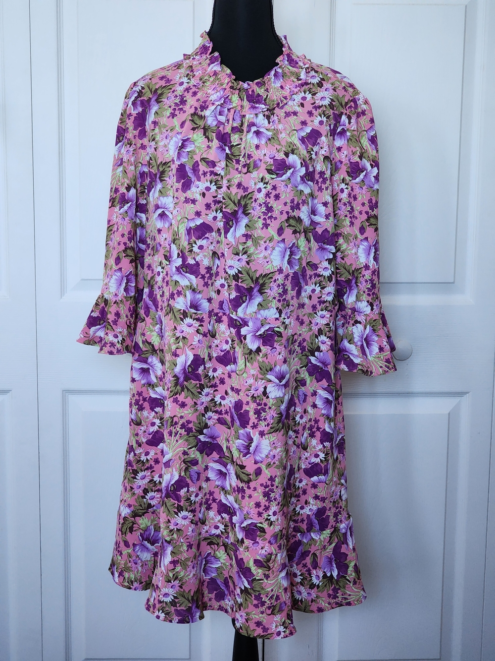 Allegra K Pink & Purple Floral Ruffle-Neck Midi Dress
